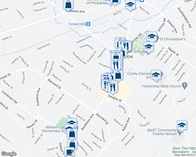 map of restaurants, bars, coffee shops, grocery stores, and more near 11713 Gifford Street in Philadelphia