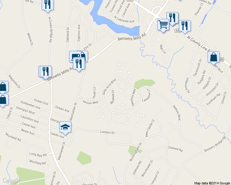 map of restaurants, bars, coffee shops, grocery stores, and more near 607 Bluebell Drive in Jackson Township