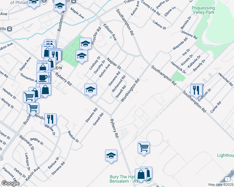 map of restaurants, bars, coffee shops, grocery stores, and more near 13028 Sewell Road in Philadelphia