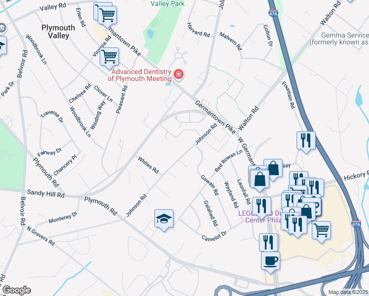 map of restaurants, bars, coffee shops, grocery stores, and more near 1921 Johnson Road in Plymouth Meeting