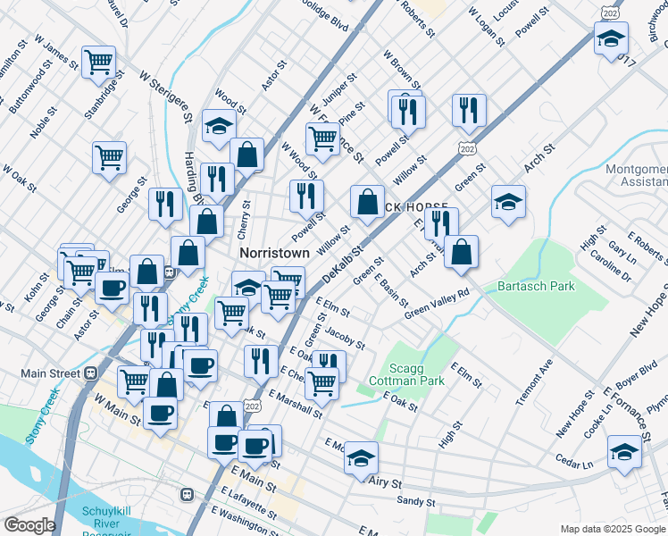 map of restaurants, bars, coffee shops, grocery stores, and more near 1041 DeKalb Street in Norristown