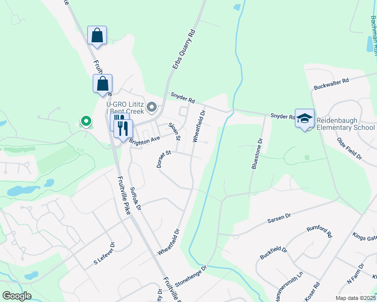map of restaurants, bars, coffee shops, grocery stores, and more near 389 Wheatfield Drive in Lititz