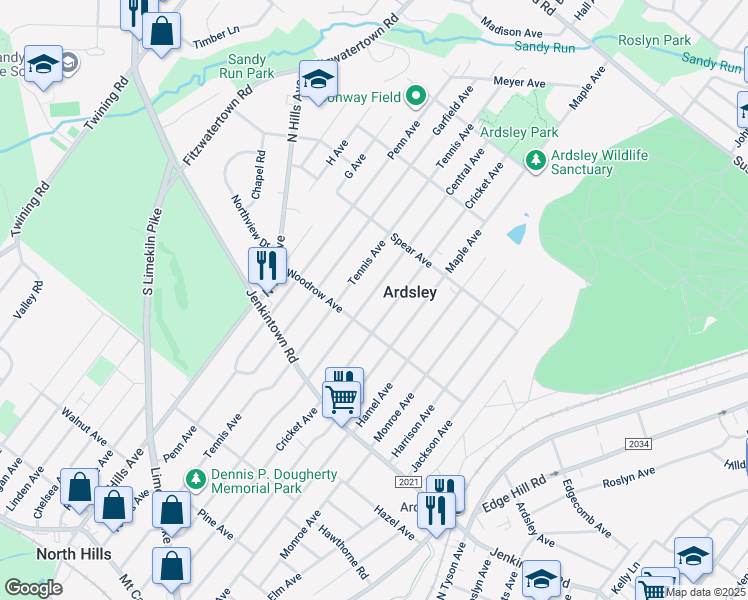 map of restaurants, bars, coffee shops, grocery stores, and more near 725 Central Avenue in Glenside