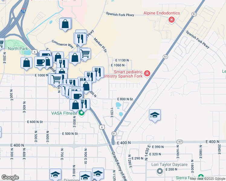 map of restaurants, bars, coffee shops, grocery stores, and more near 1113 East 870 North in Spanish Fork