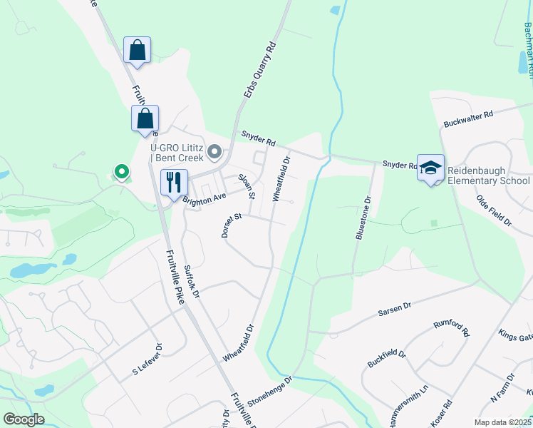 map of restaurants, bars, coffee shops, grocery stores, and more near 389 Wheatfield Drive in Lititz