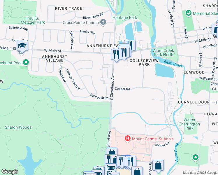map of restaurants, bars, coffee shops, grocery stores, and more near 154 Brandywine Drive in Westerville