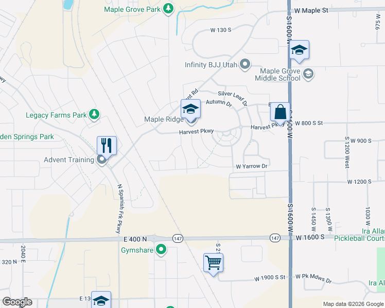 map of restaurants, bars, coffee shops, grocery stores, and more near 1002 South Yarrow Drive in Mapleton
