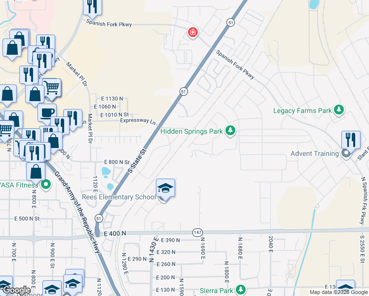 map of restaurants, bars, coffee shops, grocery stores, and more near 853 North Haywain Drive in Spanish Fork