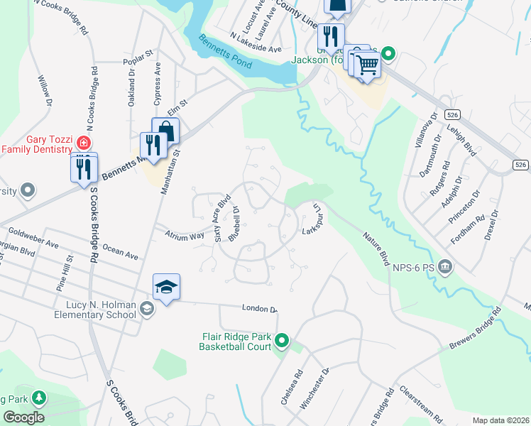 map of restaurants, bars, coffee shops, grocery stores, and more near 402 Geranium Court in Jackson Township