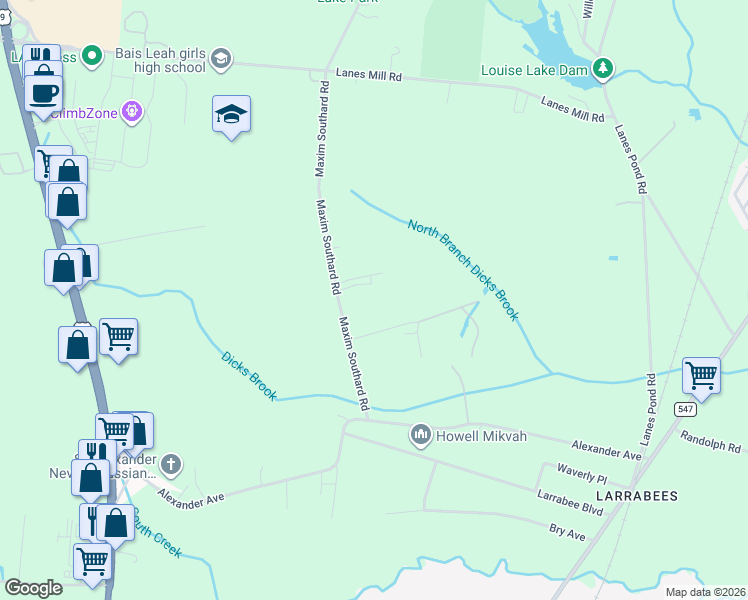 map of restaurants, bars, coffee shops, grocery stores, and more near 1054 Maxim Southard Road in Howell Township