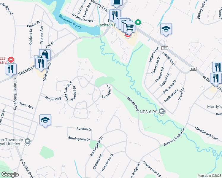 map of restaurants, bars, coffee shops, grocery stores, and more near 406 Larkspur Lane in Jackson