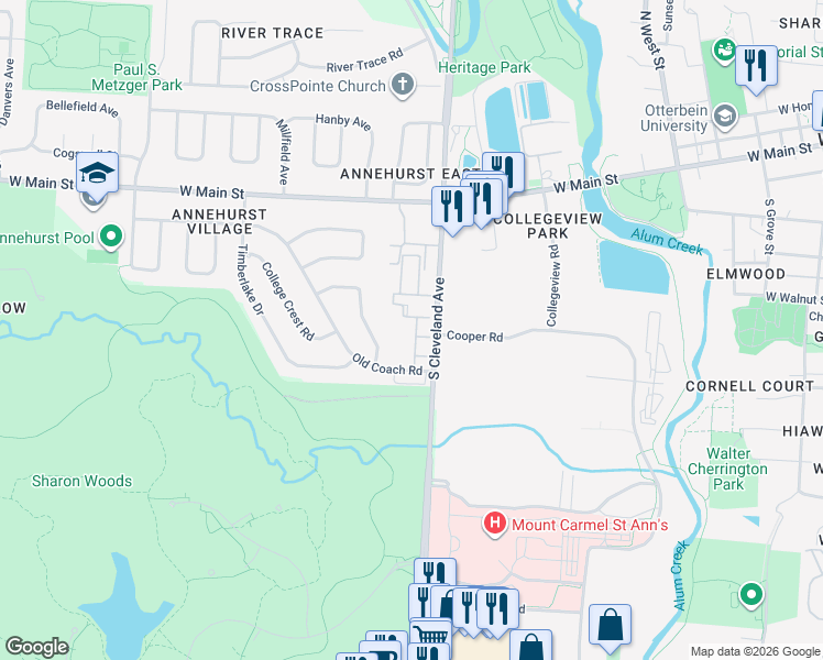 map of restaurants, bars, coffee shops, grocery stores, and more near 149 Brandywine Drive in Westerville