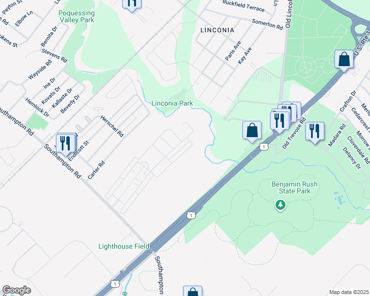 map of restaurants, bars, coffee shops, grocery stores, and more near 15137 Wildflower Way in Philadelphia
