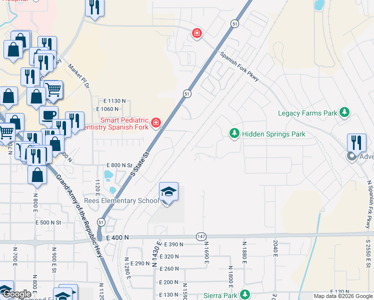 map of restaurants, bars, coffee shops, grocery stores, and more near 856 North Haywain Drive in Spanish Fork