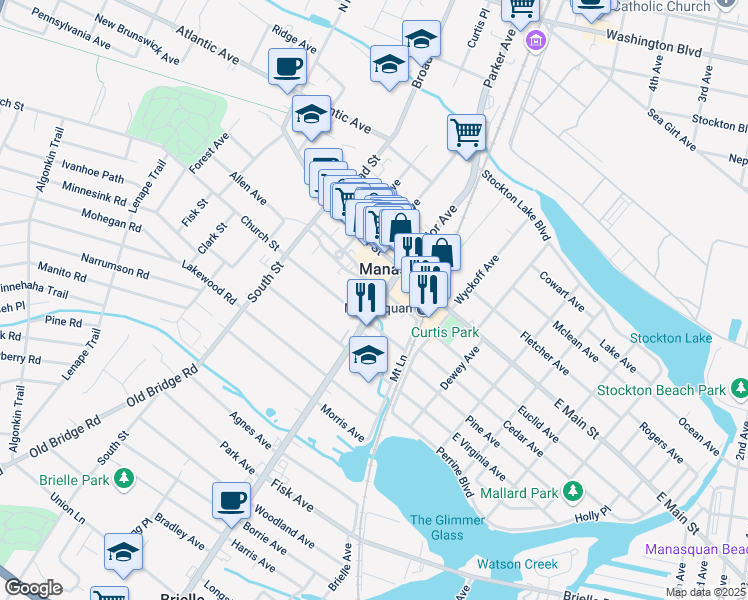 map of restaurants, bars, coffee shops, grocery stores, and more near 90 Curtis Avenue in Manasquan