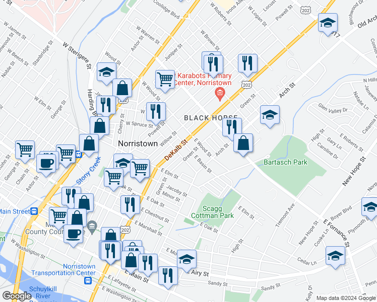 map of restaurants, bars, coffee shops, grocery stores, and more near 1101 Green Street in Norristown