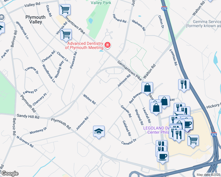 map of restaurants, bars, coffee shops, grocery stores, and more near 1921 Johnson Road in Plymouth Meeting