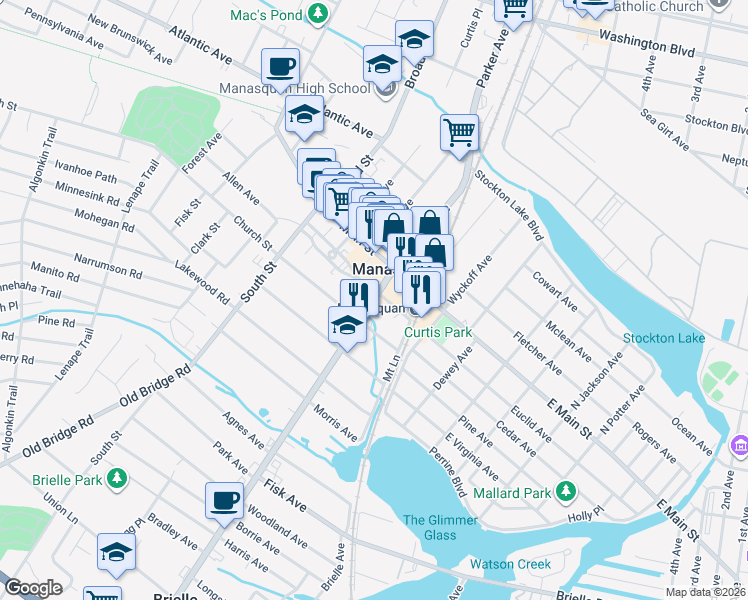 map of restaurants, bars, coffee shops, grocery stores, and more near 19 Euclid Avenue in Manasquan