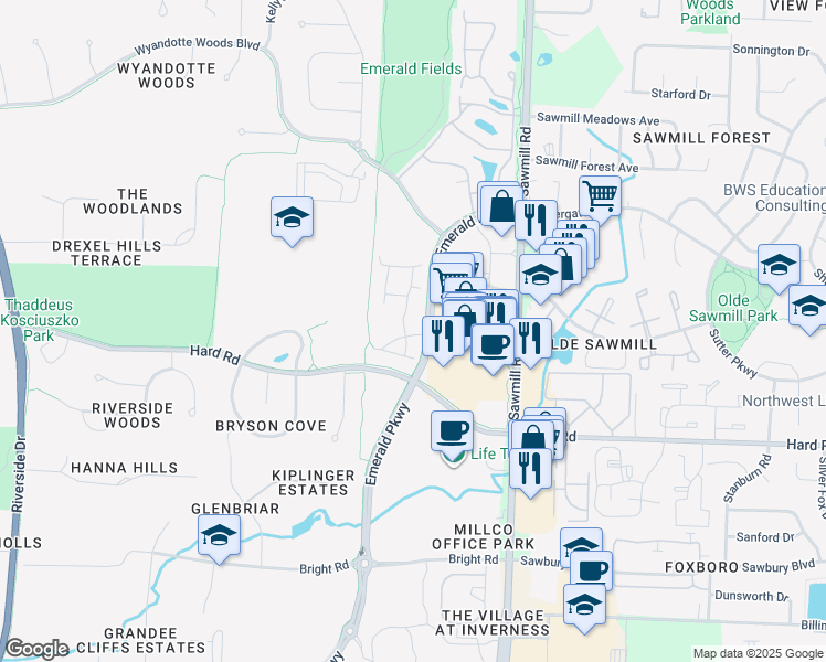 map of restaurants, bars, coffee shops, grocery stores, and more near 3900 Suffolk Drive in Dublin