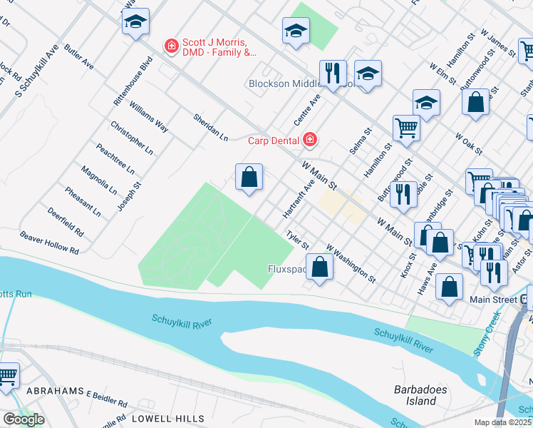 map of restaurants, bars, coffee shops, grocery stores, and more near 15 Rosemont Avenue in Norristown