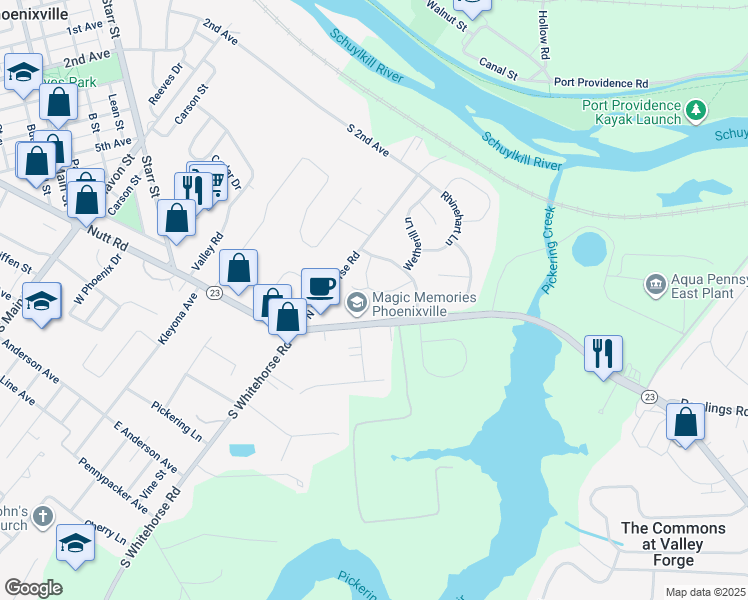 map of restaurants, bars, coffee shops, grocery stores, and more near 211 Meetinghouse Ln in Phoenixville