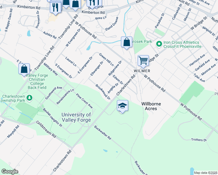 map of restaurants, bars, coffee shops, grocery stores, and more near 1380 Angela Drive in Phoenixville