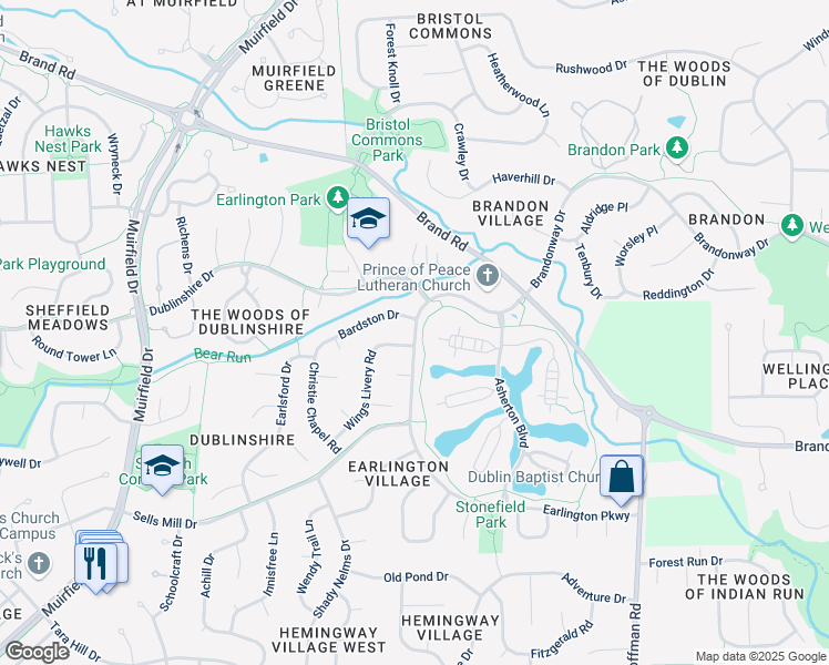 map of restaurants, bars, coffee shops, grocery stores, and more near 5489 Asherbrand Lane in Dublin