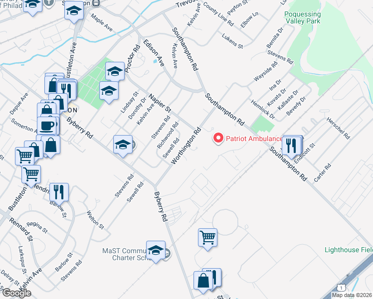 map of restaurants, bars, coffee shops, grocery stores, and more near 13027 Worthington Road in Philadelphia