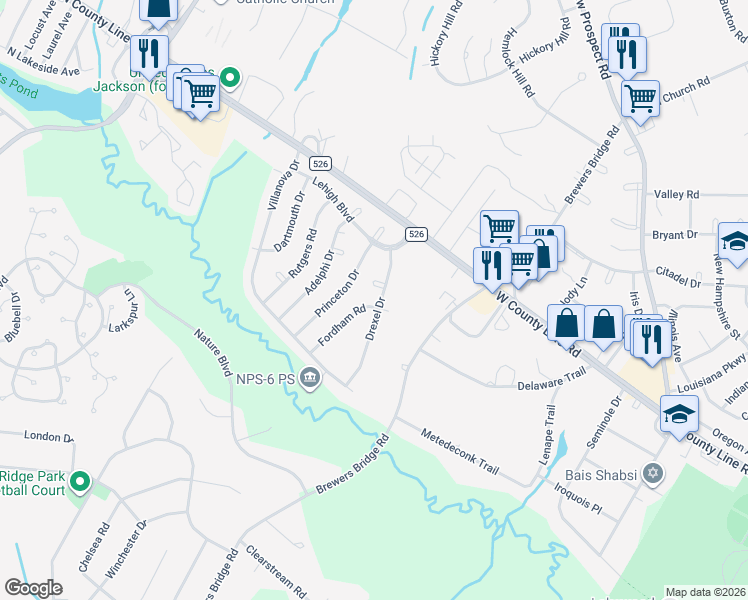 map of restaurants, bars, coffee shops, grocery stores, and more near 9 Fordham Road in Jackson Township