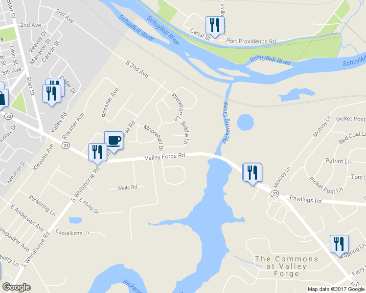 map of restaurants, bars, coffee shops, grocery stores, and more near 914 Biddle Lane in Phoenixville