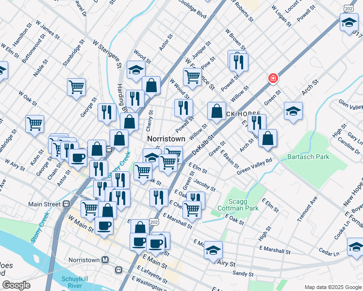 map of restaurants, bars, coffee shops, grocery stores, and more near 1035 Willow Street in Norristown