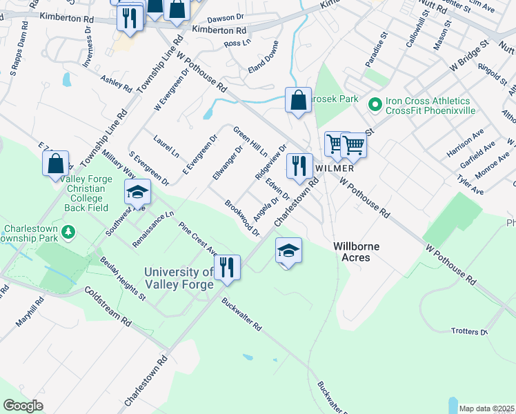 map of restaurants, bars, coffee shops, grocery stores, and more near 1380 Angela Drive in Phoenixville