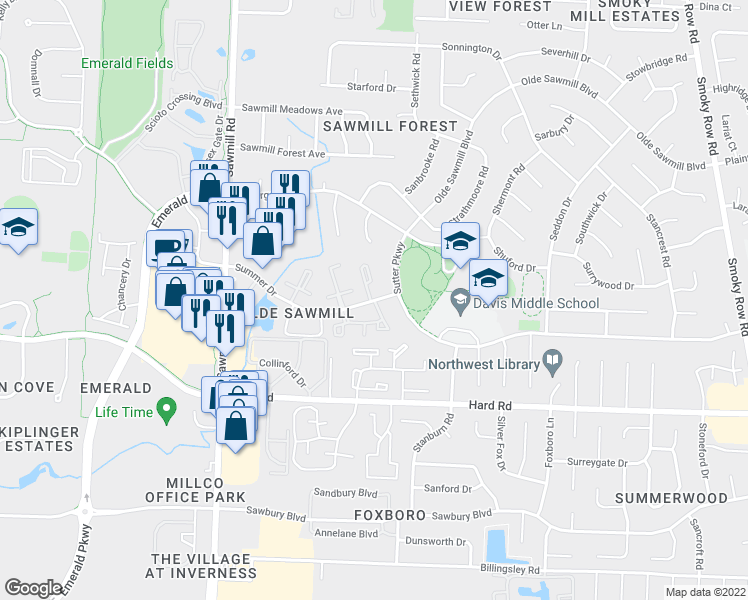 map of restaurants, bars, coffee shops, grocery stores, and more near Summer Dr & Cutters Edge Ct in Columbus