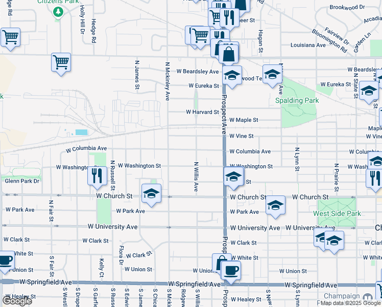 map of restaurants, bars, coffee shops, grocery stores, and more near 509 North Willis Street in Champaign