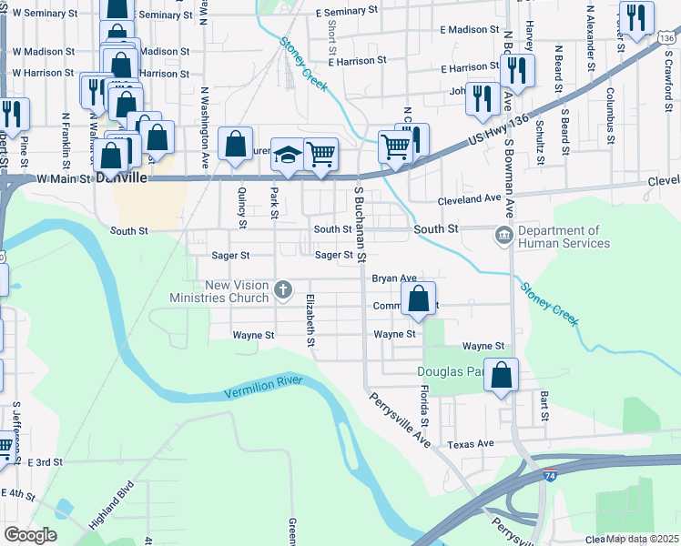map of restaurants, bars, coffee shops, grocery stores, and more near 620 Commercial Street in Danville