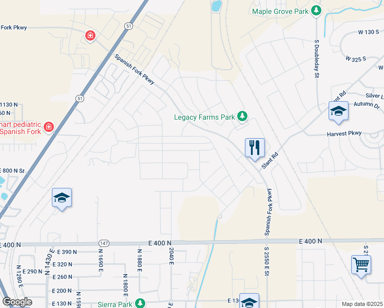 map of restaurants, bars, coffee shops, grocery stores, and more near 829 Spring Lane in Spanish Fork