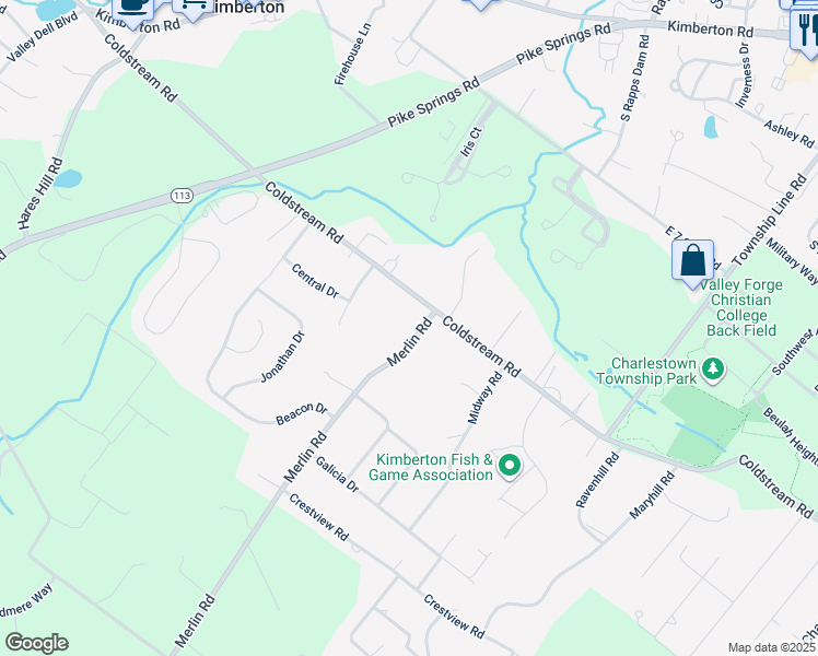 map of restaurants, bars, coffee shops, grocery stores, and more near 107 Merlin Road in Phoenixville