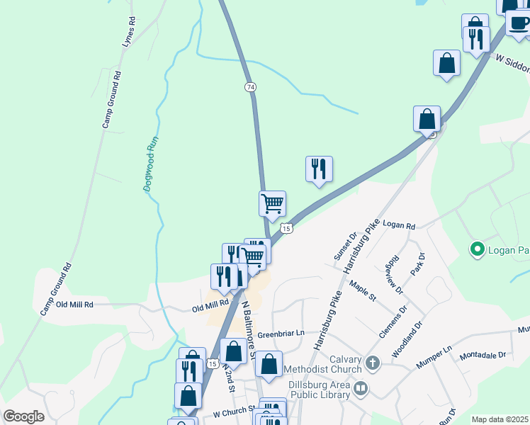 map of restaurants, bars, coffee shops, grocery stores, and more near 139 York Road in Dillsburg