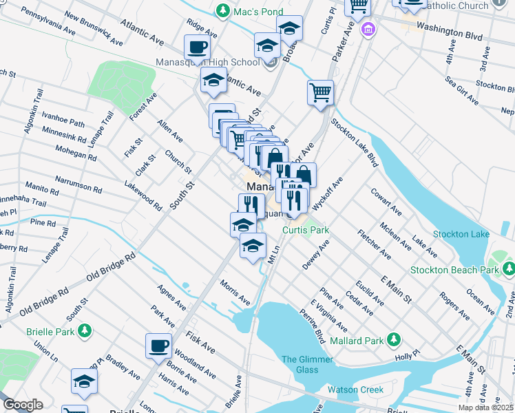 map of restaurants, bars, coffee shops, grocery stores, and more near 90 Curtis Avenue in Manasquan