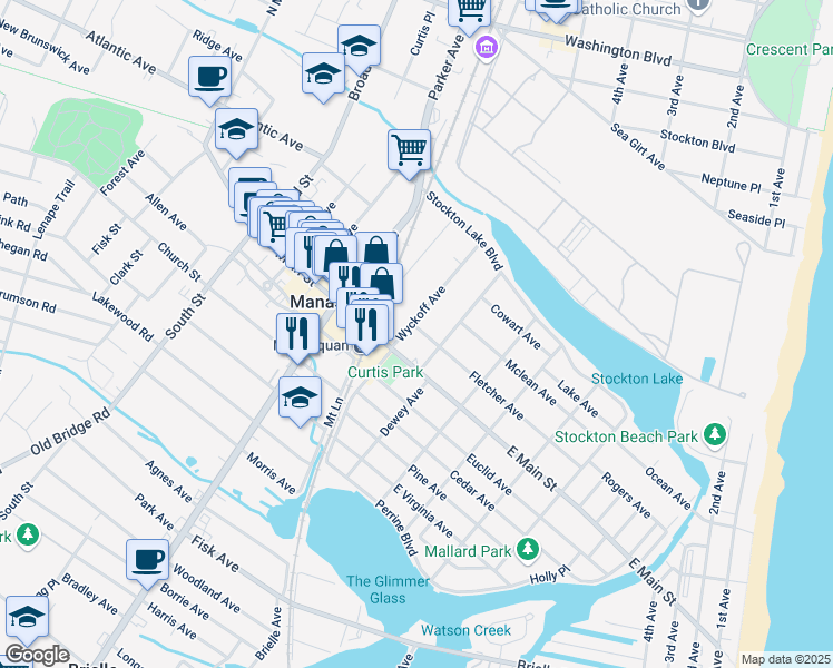 map of restaurants, bars, coffee shops, grocery stores, and more near 234 East Main Street in Manasquan