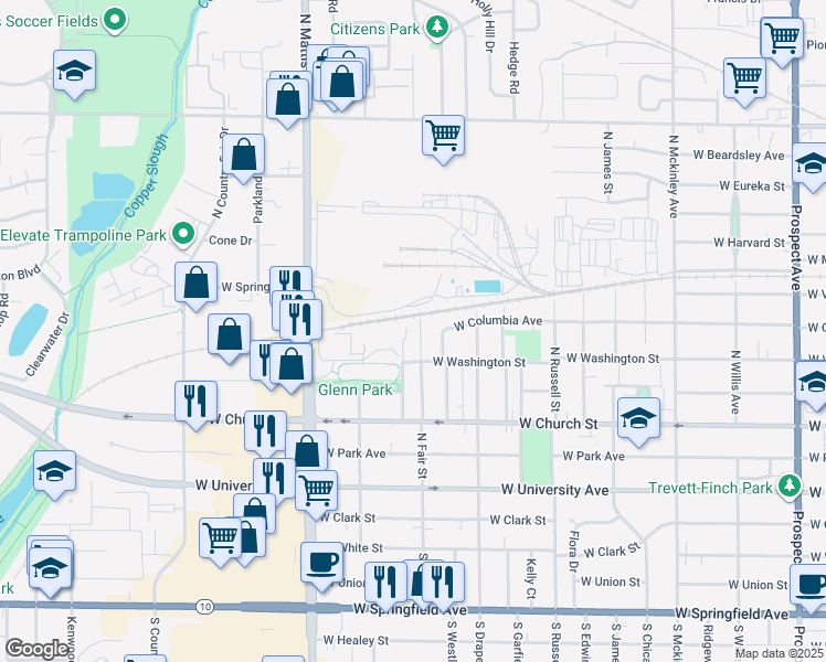 map of restaurants, bars, coffee shops, grocery stores, and more near 710 North Mattis-Ill Power in Champaign