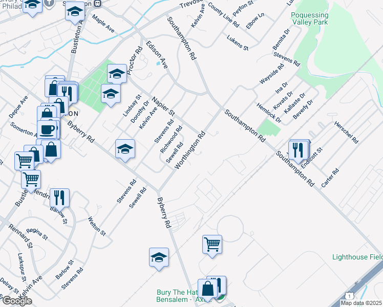 map of restaurants, bars, coffee shops, grocery stores, and more near 13031 Worthington Road in Philadelphia