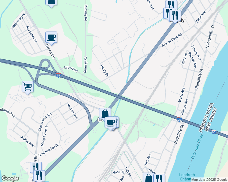 map of restaurants, bars, coffee shops, grocery stores, and more near 1301 Hardy Street in Levittown