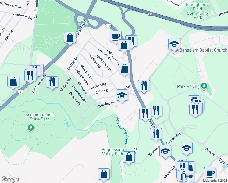 map of restaurants, bars, coffee shops, grocery stores, and more near 2863 Clifton Drive in Bucks County