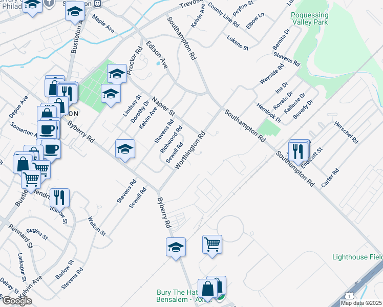 map of restaurants, bars, coffee shops, grocery stores, and more near 13031 Worthington Road in Philadelphia