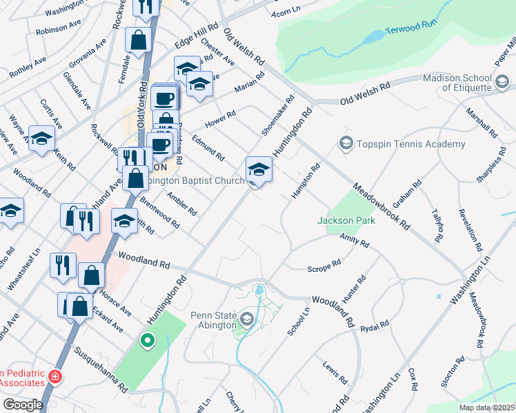 map of restaurants, bars, coffee shops, grocery stores, and more near 1497 Huntingdon Rd in Abington