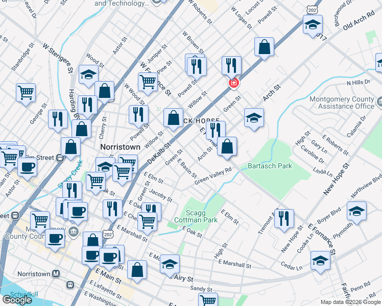 map of restaurants, bars, coffee shops, grocery stores, and more near 223 East Basin Street in Norristown
