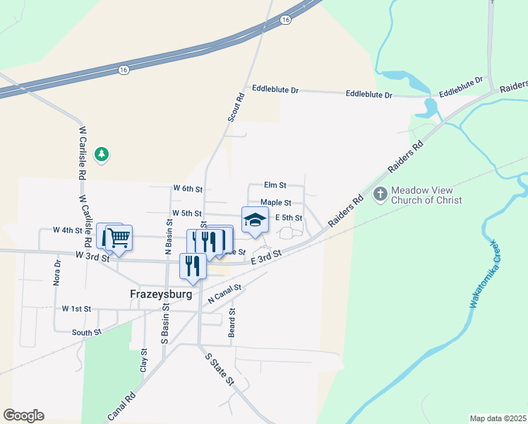 map of restaurants, bars, coffee shops, grocery stores, and more near 120 East 3rd Street in Frazeysburg