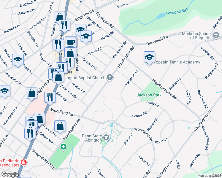 map of restaurants, bars, coffee shops, grocery stores, and more near 1497 Huntingdon Rd in Abington