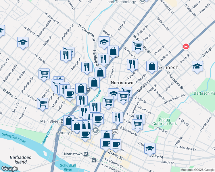 map of restaurants, bars, coffee shops, grocery stores, and more near in Norristown